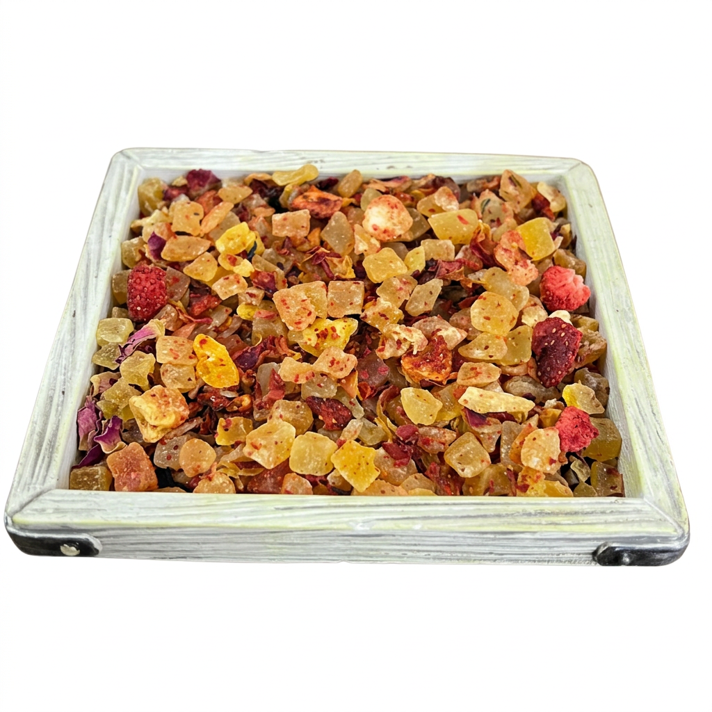 Infusión Cheesecake de frutas presentada en marco cuadrado de madera clara
