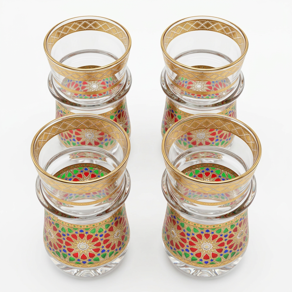 Set de cuatro vasos de té con mosaico multicolor, vista elevada