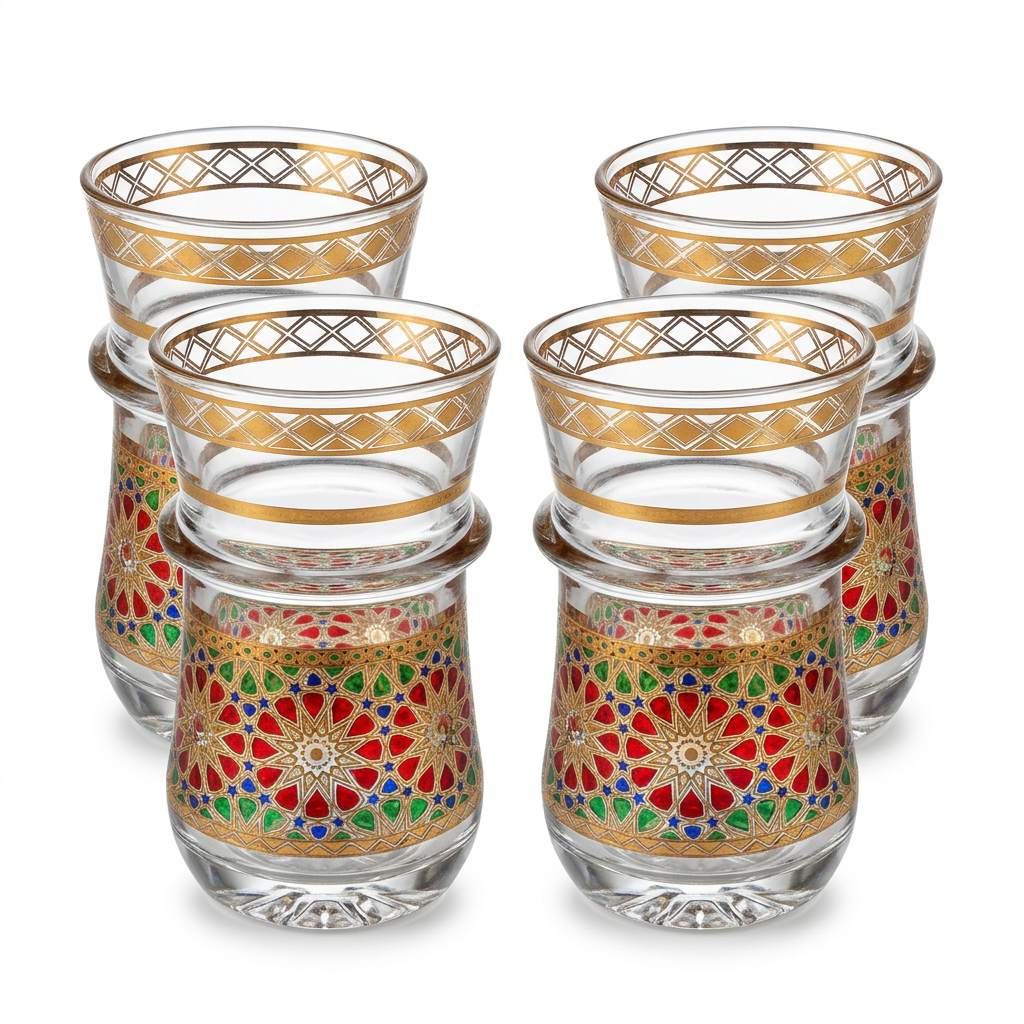 Set de cuatro vasos de té con mosaico multicolor, vista en tres cuartos
