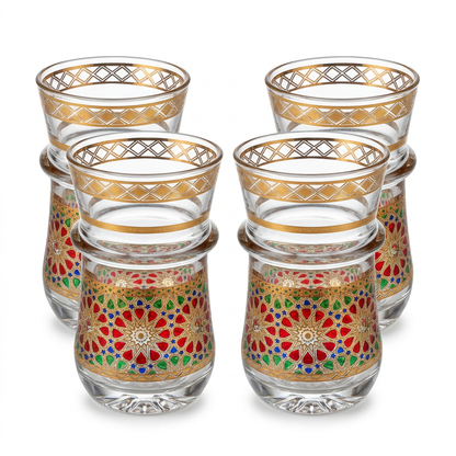 Set de cuatro vasos de té con mosaico multicolor, vista en tres cuartos