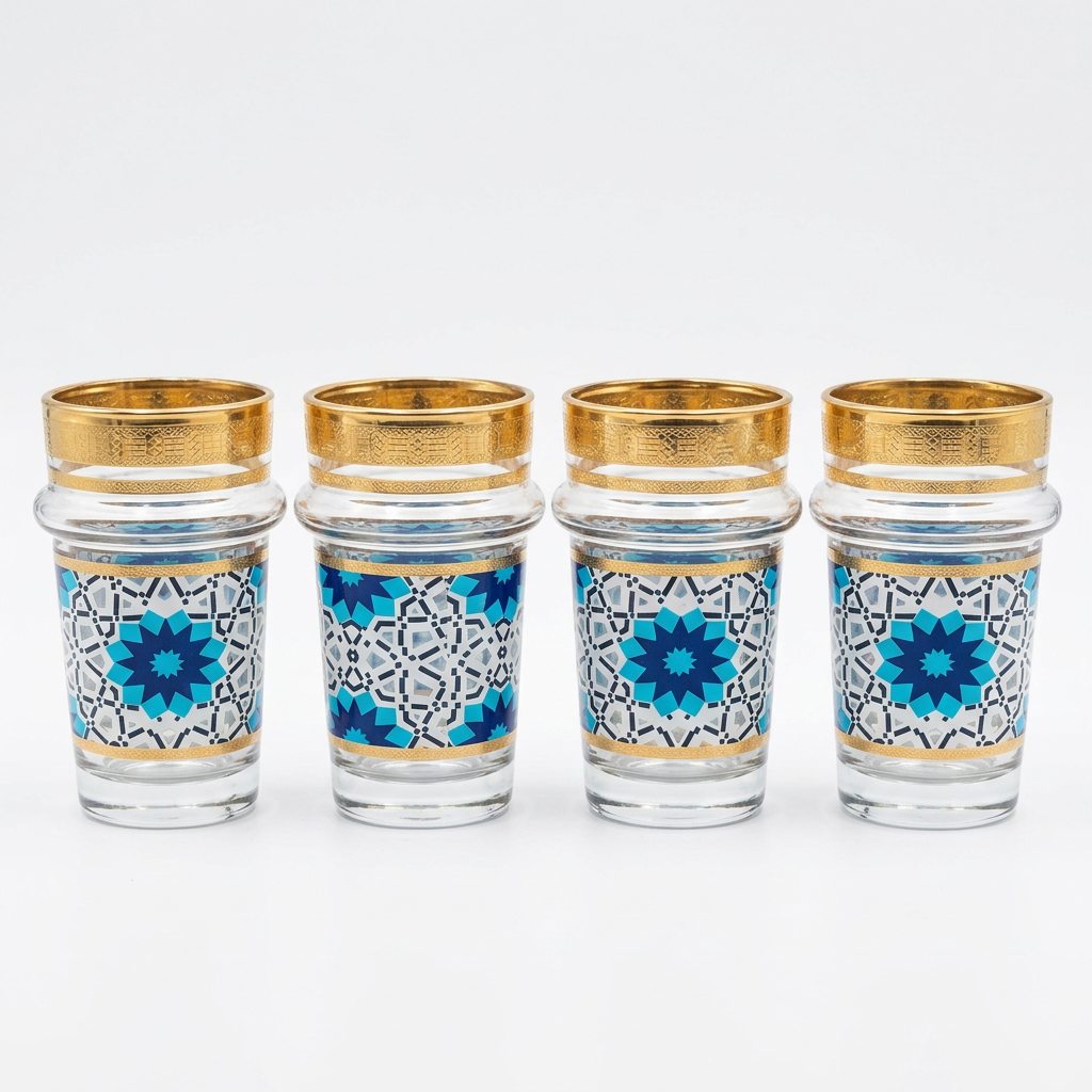 Cuatro vasos de té con mosaico azul, de pie, vista frontal