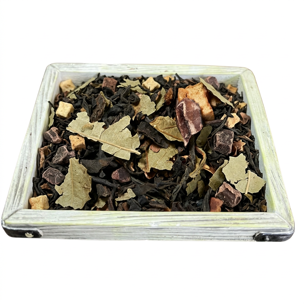 Té Negro Chocolate Dubái a granel en marco cuadrado de madera clara