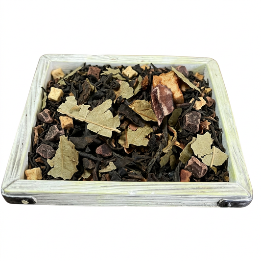 Té Negro Chocolate Dubái a granel en marco cuadrado de madera clara