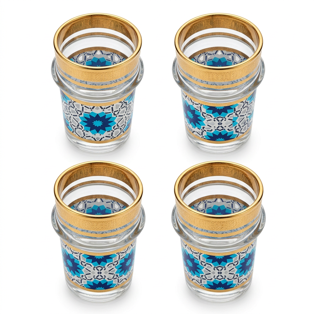 Cuatro vasos de té con mosaico azul, boca arriba, vista elevada