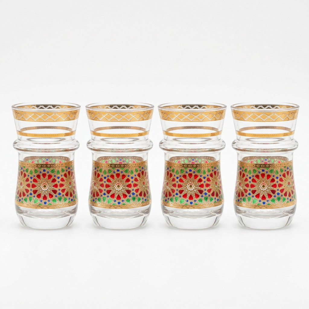 Set de cuatro vasos de té con mosaico multicolor, vista de perfil