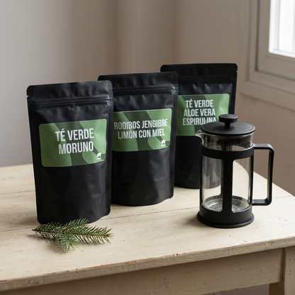 Pack regalo de Navidad Sabor de Té con tetera inox negra de 350 ml y 3 infusiones a granel